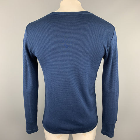 S.N.S HERNING Size M Navy Striped Trim Cotton Crew-Neck Cardigan
