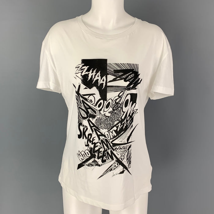 CELINE Camiseta de manga corta con gráfico de algodón blanco y negro talla S
