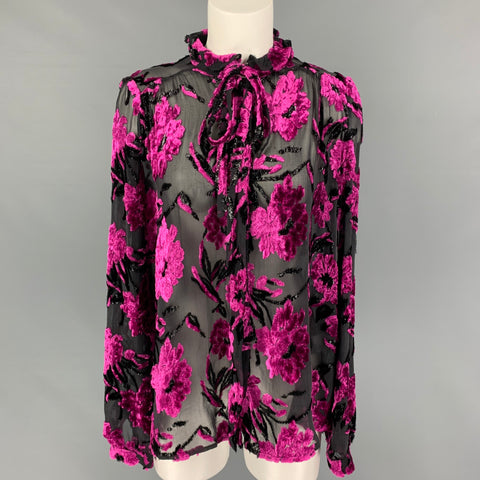 PREEN Size S Fuchsia Black Viscose Blend Floral Long Sleeve Blouse