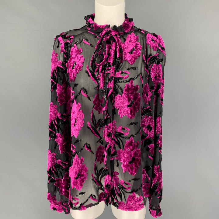 PREEN Size S Fuchsia Black Viscose Blend Floral Long Sleeve Blouse