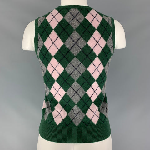 PRINGLE Taille S Vert Gris Cachemire Argyle Pull Gilet