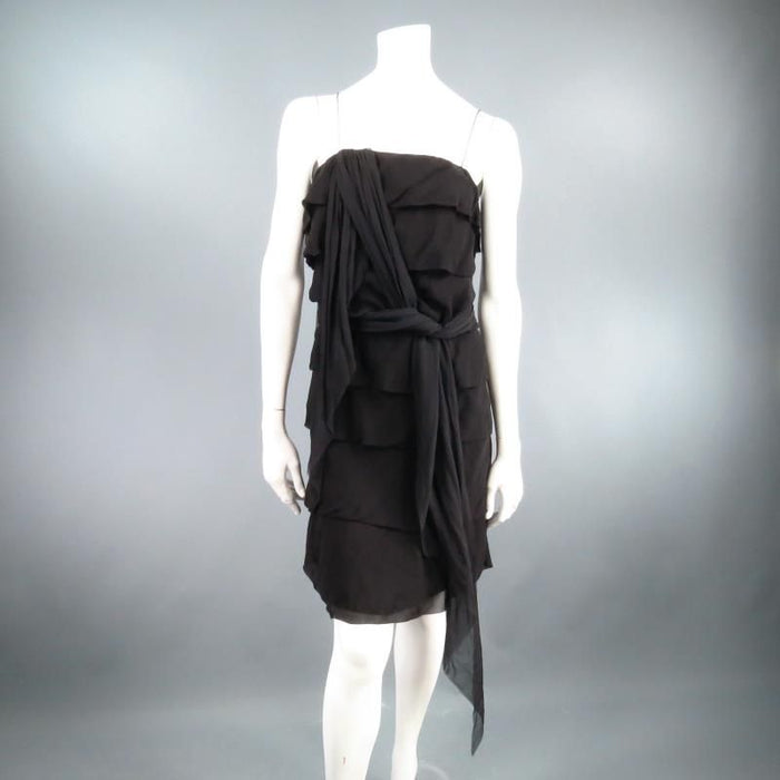 LANVIN S/S 2007 Size 8 Black Silk Tiered Ruffle Draped Tie Flounced Cocktail Dress