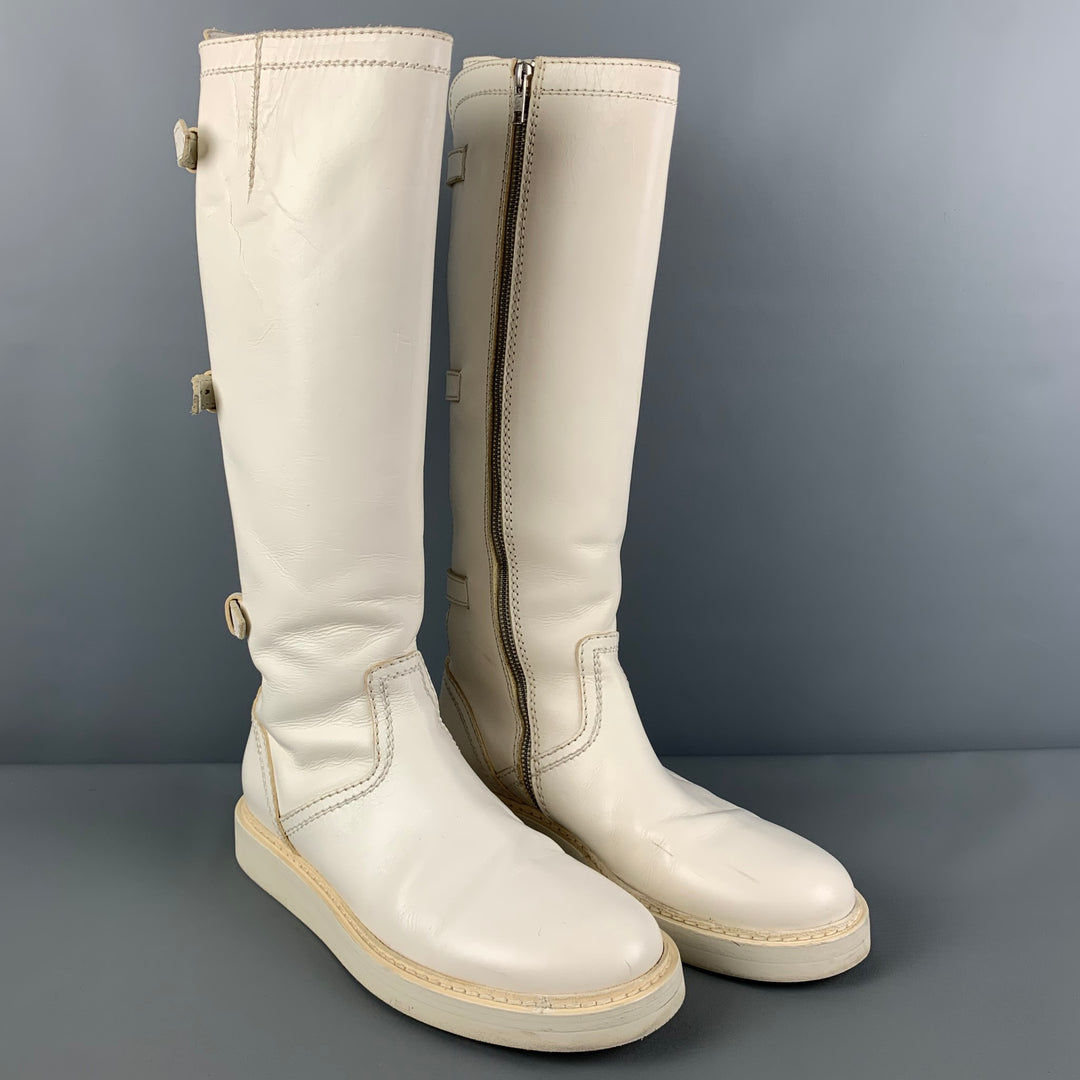 ANN DEMEULEMEESTER Size 8 White Leather Back Buckle Straps Boots