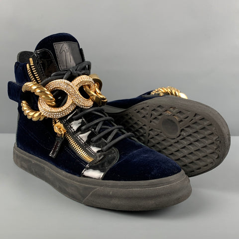 GIUSEPPE ZANOTTI Size 10.5 Navy Velvet Crystal Chain-Front High Top Sneakers
