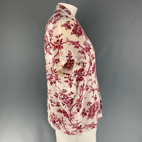 BODE Size L Off White Burgundy Floral Rayon Camp Short Sleeve Shirt