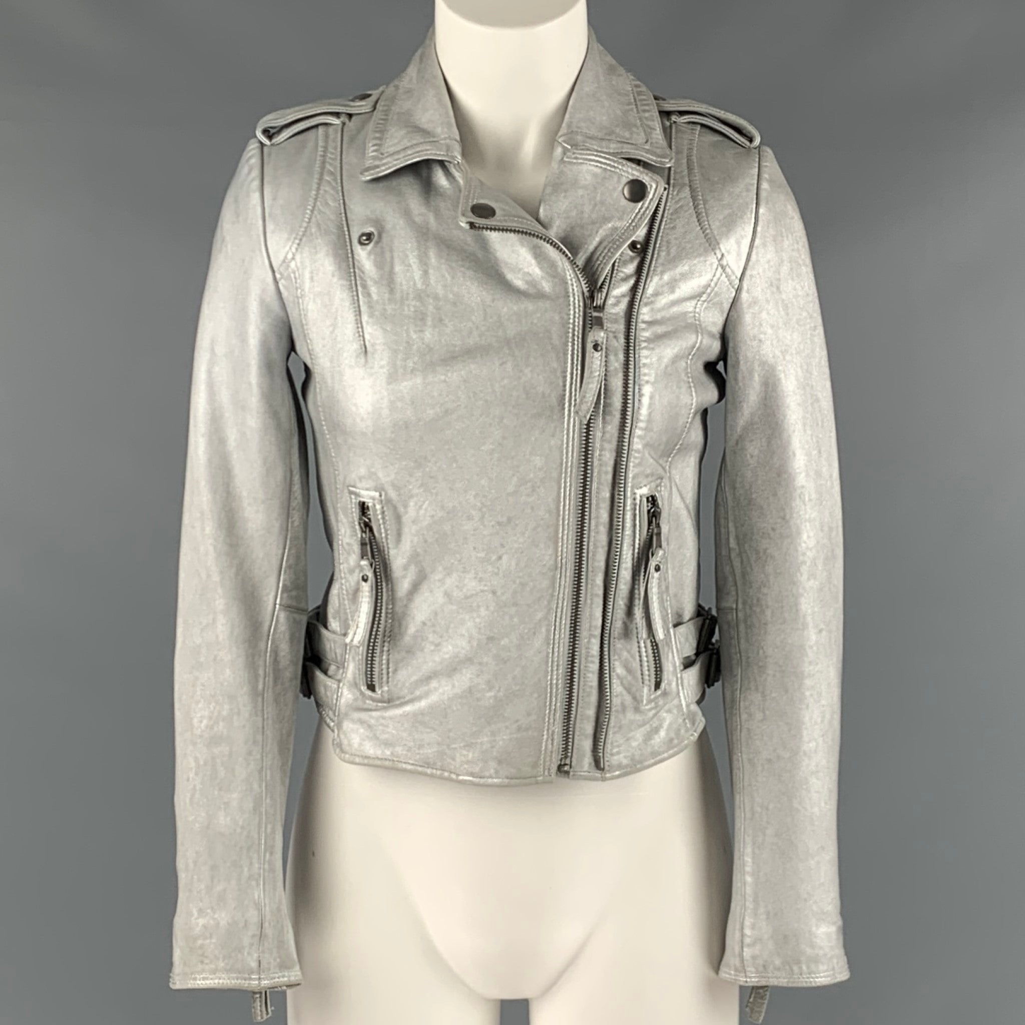 JOIE Size XS Silver Leather Metallic Lambskin Biker Jacket Sui