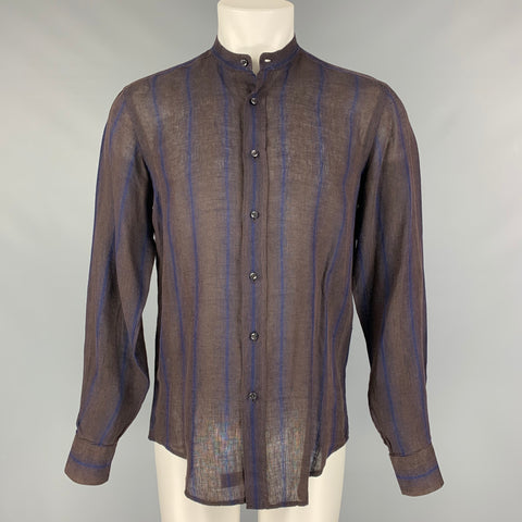 PAL ZILERI Size M Brown &  Blue Stripe Linen Nehru Collar Long Sleeve Shirt