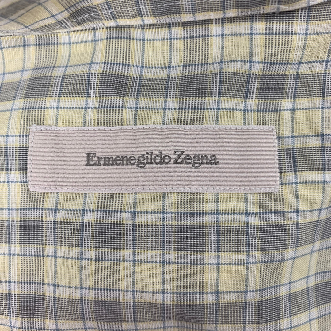 ERMENEGILDO ZEGNA Talla M Camisa Manga Larga Lino Algodón Cuadros Amarillo Azul