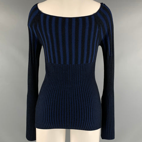 COP. COPAINE Size M Black Navy Viscose Elastane Stripe Boat Neck Casual Top