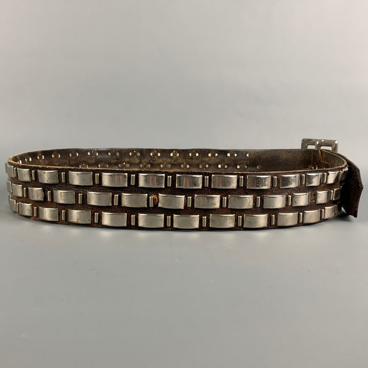 VINTAGE Size 38 Brown & Silver Studded Leather Belt