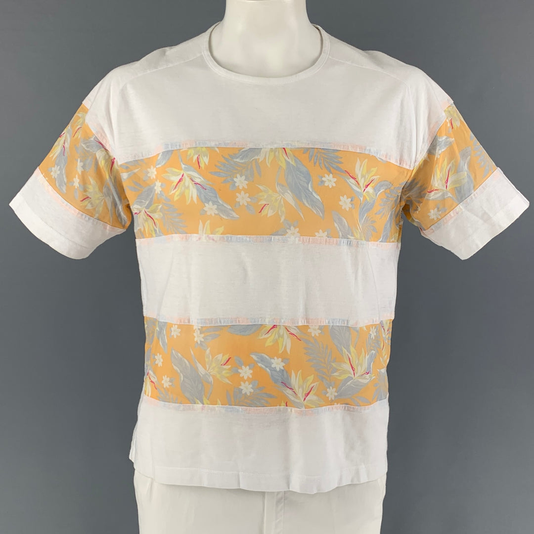KOLOR Size L White Yellow Mixed Fabrics Cotton Blend Crew-Neck T-shirt
