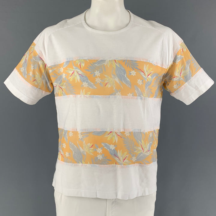 KOLOR Size L White Yellow Mixed Fabrics Cotton Blend Crew-Neck T-shirt