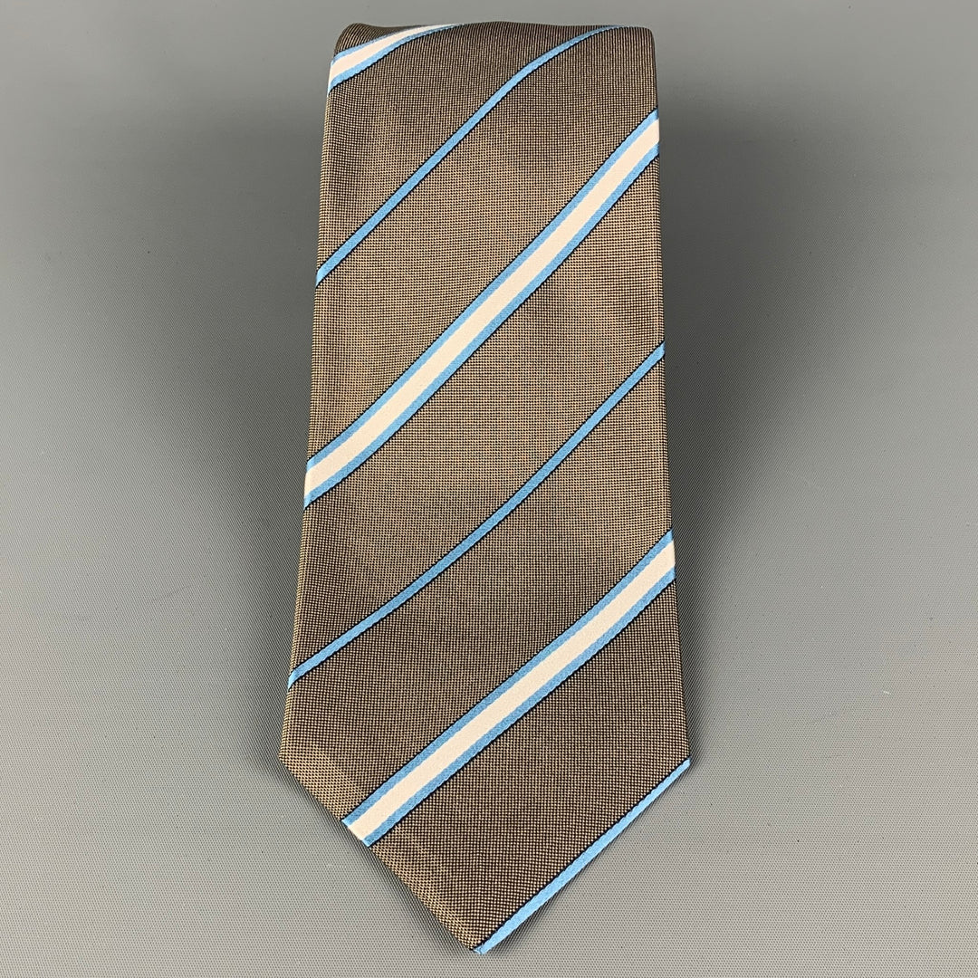 KITON Taupe White Light Blue Diagonal Stripe Silk Tie