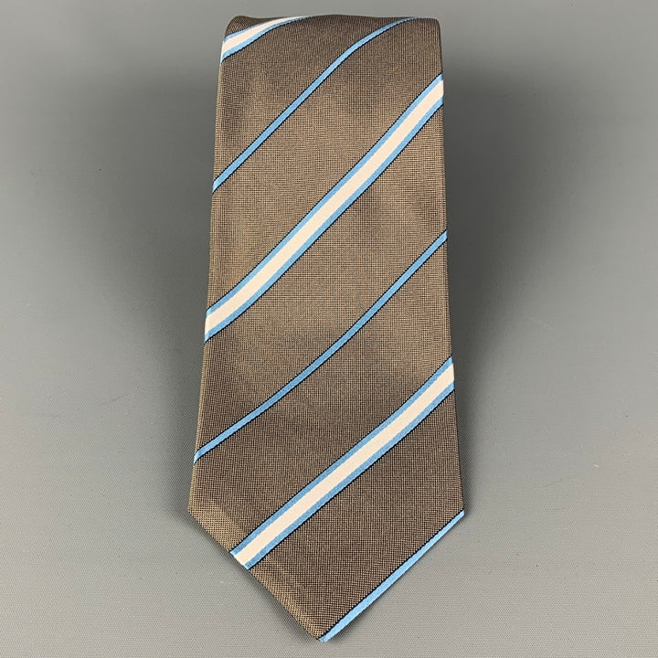 KITON Taupe White Light Blue Diagonal Stripe Silk Tie