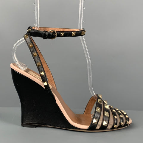 VALENTINO Size 8.5 Black Leather Rockstud Ankle Strap Wedges