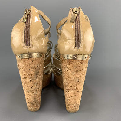 JIMMY CHOO Size 7 Beige & Silver Patent Leather Cork Wedge Platform Sandals