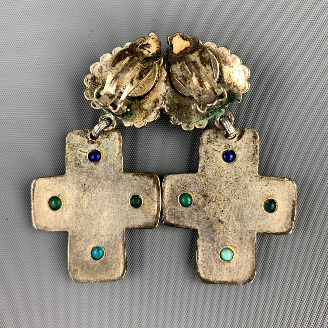 Boucles d'oreilles à clip en forme de croix en métal argenté VINTAGE