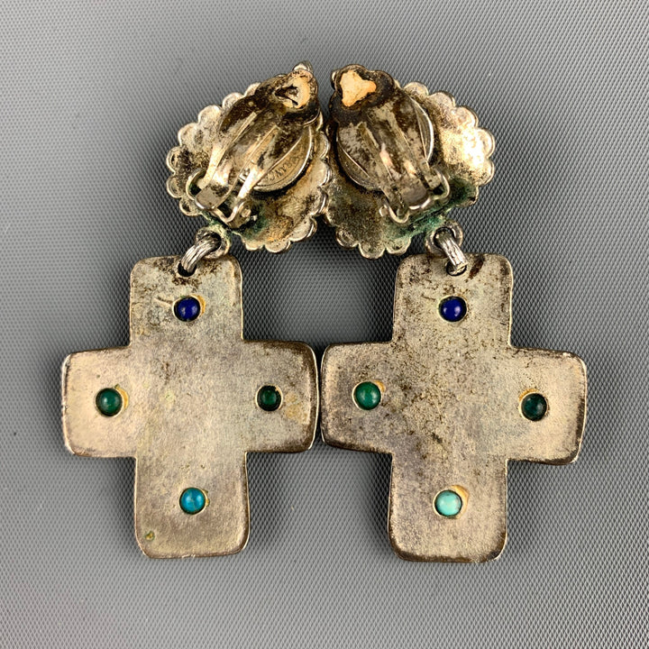 Boucles d'oreilles à clip en forme de croix en métal argenté VINTAGE