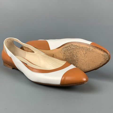 RALPH LAUREN Size 8 Tan White Leather Cap Toe Flats