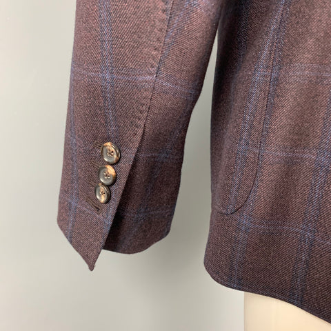 LUCIANO BARBERA Size 40 Brown & Navy Window Pane Wool Custom Sport Coat