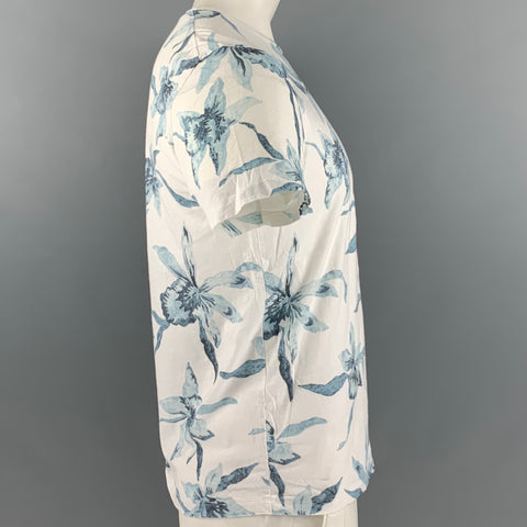 HENTSCH MAN Size L White Navy Floral Cotton Crew Neck T-shirt