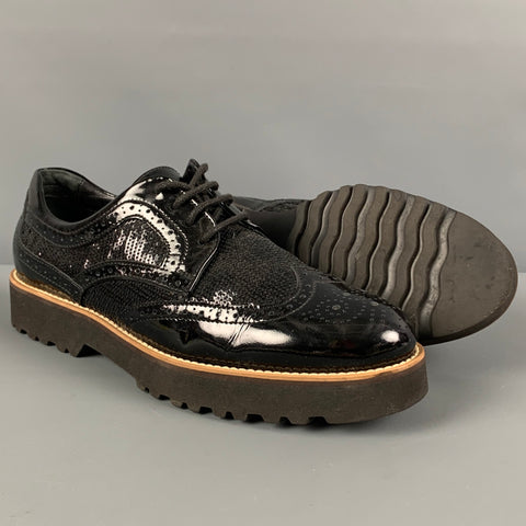 HOGAN Taille 7.5 Chaussures à lacets en cuir verni perforé noir Wingtip