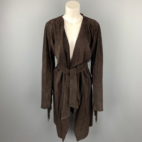 VINTAGE Taille M Manteau avant ouvert ceinturé à franges en daim marron