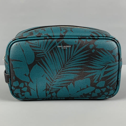 SAINT LAURENT Blue Black Leaves Canvas Toiletry Handbag