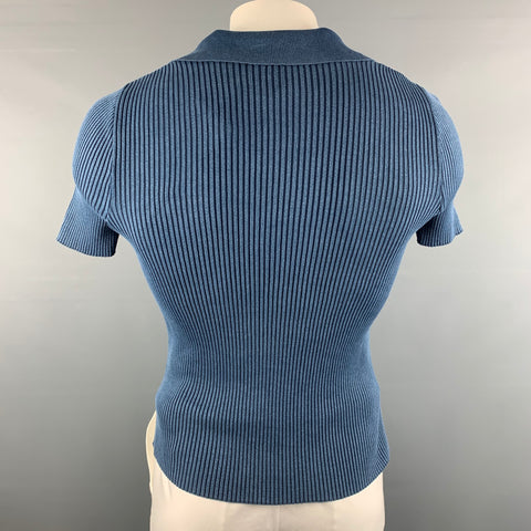 SALT MURPHY Size L Blue Ribbed Cotton V-Neck Pullover