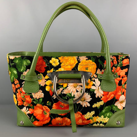 DOLCE & GABBANA Green Orange Floral Canvas Tote Handbag