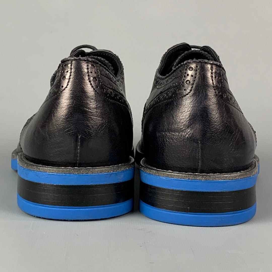PAUL SMITH Size 10 Black Royal Blue Perforated Leather Wingtip Lace Up Shoes
