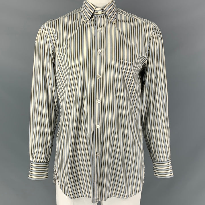 KITON Size L Cream, Black &  Blue Stripe Cotton Button Down Long Sleeve Shirt