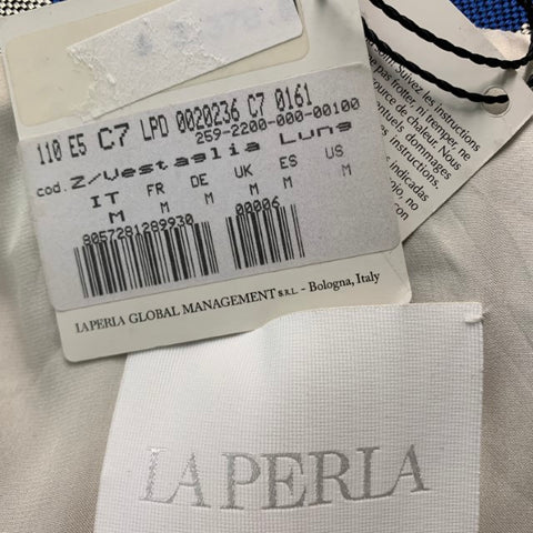LA PERLA Taille M Bleu Off White Damier Soie Lin Ceinture Robe