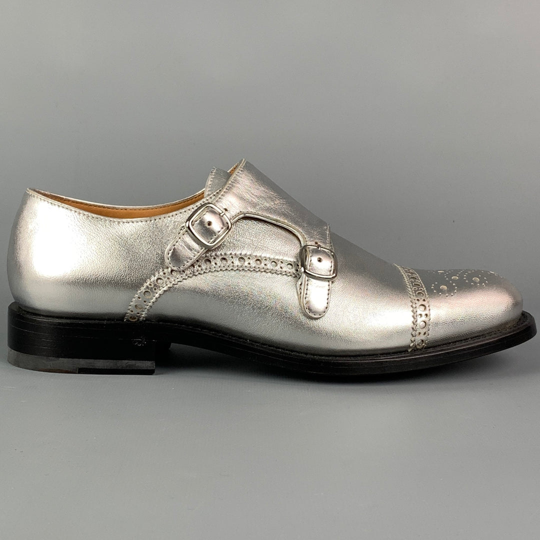 O'KEEFFE Size 7 Silver Leather Perforated Double Monk Strap Flats