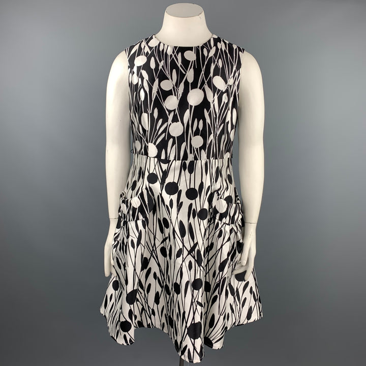 CAROLINA HERRERA Taille 12 Robe trapèze en soie / coton imprimé noir et blanc