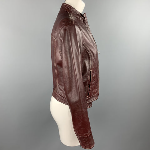 LOT78 Size 8 Burgundy Contrast Stitch Leather Zip Up Jacket