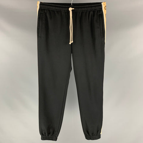 GUCCI Size L Black Khaki Monogram Polyester Cotton Sweatpants Casual Pants