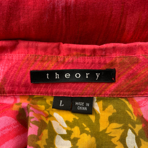 THEORY Size L Pink & Yellow Floral Cotton Button Up Short Sleeve Shirt