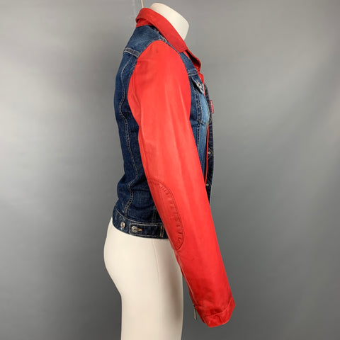 DSQUARED2 Size 38 Indigo & Red Wash Denim Leather Trim Trucker Jacket