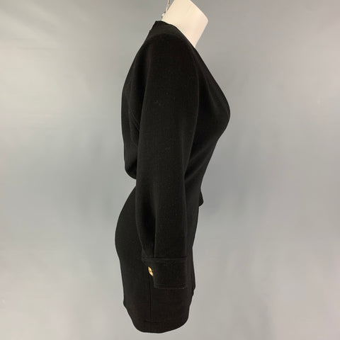 SAINT LAURENT Size 2 Black Wool Double Crepe V-neck Mini Dress