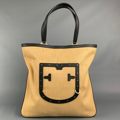 FURLA Fortezza Beige & Black Straw Leather Trim Tote Handbag