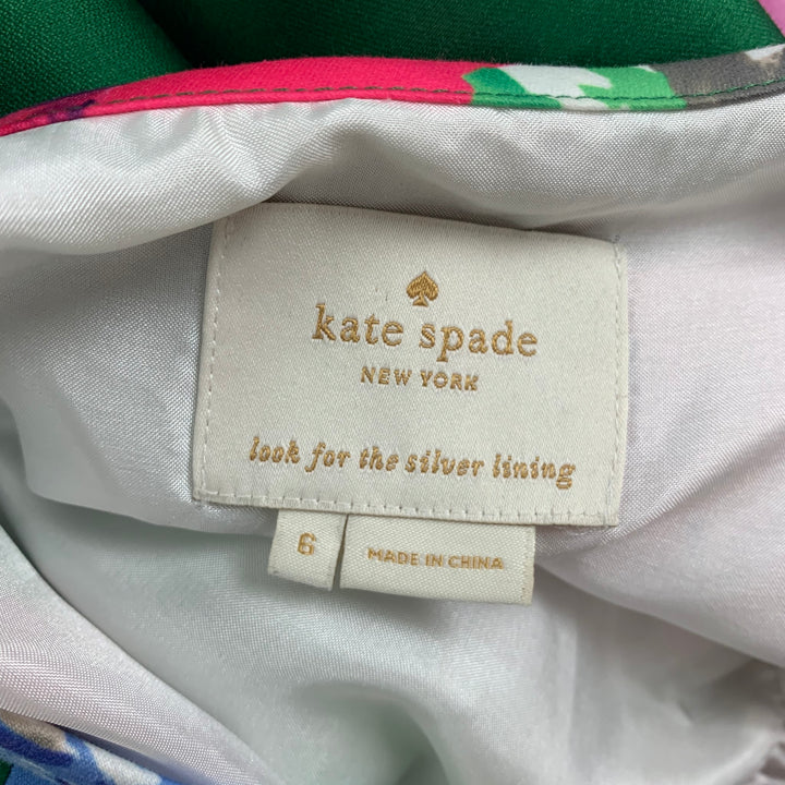 KATE SPADE Talla 6 Vestido acampanado floral de poliéster verde rosa