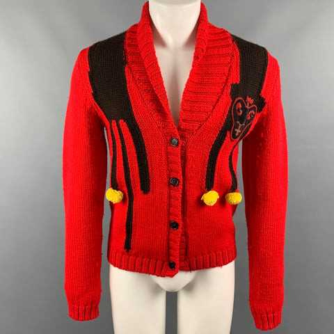 WALTER VAN BEIRENDONCK Size S Red & Yellow Knitted Wool Face Patch Cardigan