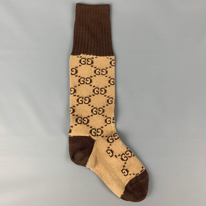 GUCCI Brown Beige Monogram Cotton Blend Socks