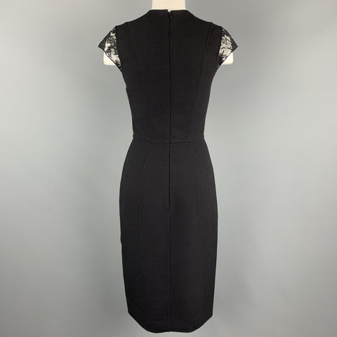 REEM ACRA Size 4 Black Wool Lace Panel Sheath Dress