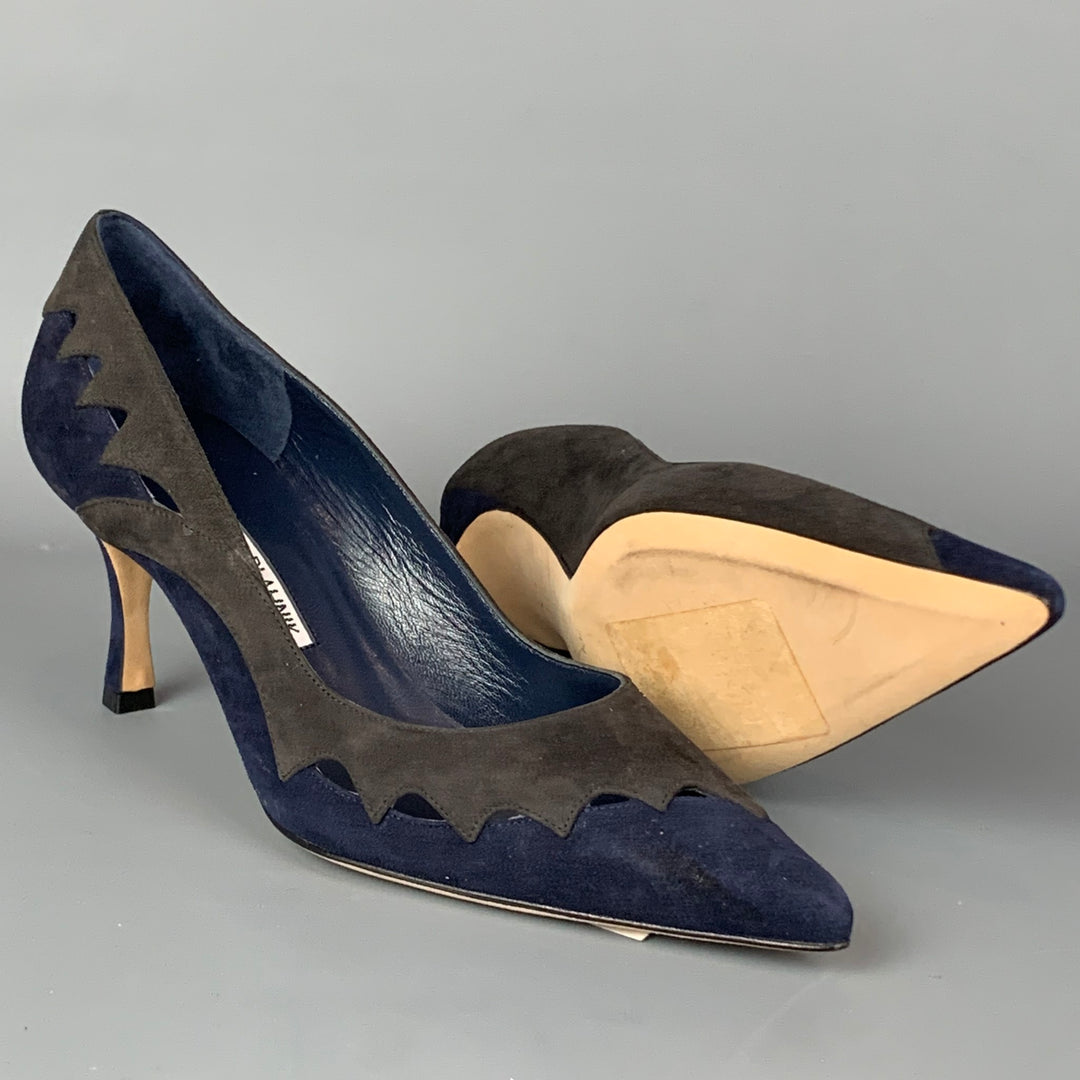 MANOLO BLAHNIK Talla 7 Zapatos de tacón con corte de ante gris y azul marino