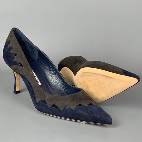 MANOLO BLAHNIK Size 7 Grey & Navy Suede Cut Out Pumps
