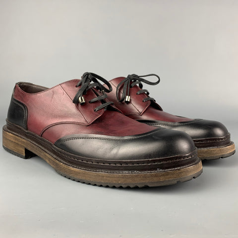 SALVATORE FERRAGAMO Size 9.5 Black & Burgundy Color Block Leather Lace Up Shoes