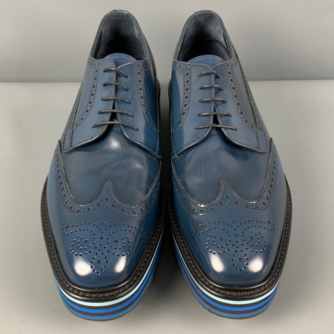 PRADA Size 10 Blue Black Perforated Leather Platform Lace Up Shoes