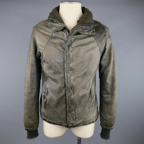 GIORGIO BRATO 38 Taupe Distressed Leather & Silk High Collar Jacket GIORGIO BRATO